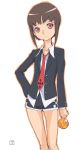  blazer bob_cut bottle brown_hair dress_shirt drink element_hunters head_tilt necktie payot red_eyes shirt short_hair shorts uni_tenten untucked 