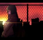  blush brown_eyes building chainlink_fence covering_mouth fence gloves jacket long_hair mouth_hidden original rby scarf shikihara_mitabi solo sunset 