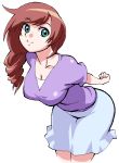  1girl aliasing bent_over breasts brown_hair character_request cleavage daimon_sayuri digimon digimon_savers green_eyes kotomozou large_breasts leaning_forward long_hair skirt smile solo 