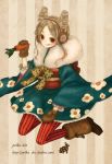 1girl boots carrying drill_hair earmuffs food food_on_face gloves hair_up japanese_clothes kimono licking_lips mizutamako original pantyhose red_eyes red_legwear solo striped vertical-striped_legwear vertical_stripes winter_clothes