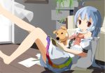  absurdres ahoge barefoot blue_hair bow contemporary doll highres hinanawi_tenshi indoors legs long_hair no_hat no_headwear off_shoulder paper pencil phone red_eyes sitting solo stuffed_animal stuffed_toy sunyukun teddy_bear touhou very_long_hair 