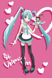  aqua_hair bow hachune_miku hatsune_miku headdress headphones headset heart highres long_hair necktie roller_skates skates skirt smile spring_onion super_lux thigh-highs thighhighs tray twintails valentine very_long_hair vocaloid waitress wrist_cuffs 