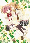  abe_toshi black_legwear blonde_hair clover drill_hair hair_ornament hair_ribbon hand_on_another's_face hand_to_face hands_on_lap kaname_madoka leaf light_smile mahou_shoujo_madoka_magica multiple_girls pantyhose pink_eyes pink_hair ribbon school_uniform short_hair thigh-highs thighhighs tomoe_mami twin_drills twintails white_legwear yellow_eyes 