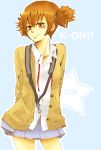  blush brown_eyes brown_hair cardigan k-on! school_uniform short_twintails simple_background skirt solo suzuki_jun toyosaki_nari twintails 