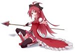  artist_request boots dress food grin hair_bow kneeling long_hair magical_girl mahou_shoujo_madoka_magica outstretched_arm pocky polearm ponytail red_eyes redhead sakura_kyouko shadow solo source_request spear thigh-highs 
