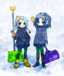  blue_hair coat earmuffs highres kamigusa_shizuru mishima_ruki radirgy short_hair shovel snow worktool 
