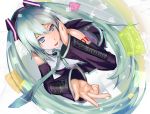  bad_id bare_shoulders blue_eyes blue_hair floating_screen from_above hand_on_headphones hands hatsune_miku headphones headset highres kibamigohann light_smile long_hair open_mouth solo twintails very_long_hair vocaloid 