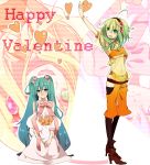  aqua_eyes aqua_hair bad_id blush bow goggles green_eyes green_hair gumi hanasaki_mahiru happy_valentine hatsune_miku heart high_heels highres long_hair navel outstretched_arm see-through shoes sitting thigh-highs thighhighs twintails valentine very_long_hair vocaloid zoom_layer 