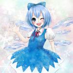  blue_eyes blue_hair bow cirno hair_bow open_mouth piyo_(momo-pop) smile snowflakes solo touhou wings wink 