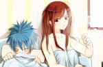  1boy 1girl bed_sheet blue_hair blush cigarette erza_scarlet fairy_tail jellal_fernandes long_hair naked_sheet red_hair redhead ruined_for_marriage smoking tattoo trembling 