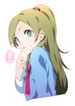  aqua_eyes bad_id blonde_hair brown_hair bust finger_to_mouth food food_on_face long_hair minamino_kanade nishiuri_warito ponytail precure simple_background solo suite_precure tongue 
