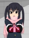  :o black_hair blush bow checkered coat embarrassed fur_trim gift gloves holding holding_gift incoming_gift k-on! long_hair looking_at_viewer muta muta_(munimuni) nakano_azusa open_mouth orange_eyes outstretched_arms pov pov_eye_contact ribbon scarf solo twintails 