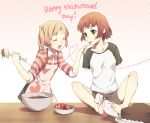  amputee barefoot between_toes blonde_hair brown_hair cake chocolate chocolate_making feet finger_to_mouth food foot_hold fruit happy_valentine heart heart_of_string ibarazaki_emi katawa_shoujo multiple_girls raglan_sleeves sleeves_pushed_up strawberry tezuka_rin valentine weee_(raemz) 