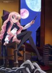  2007 absurdres book chain chains chair full_moon highres louise_francoise_le_blanc_de_la_valliere moon multiple_moons pentacle pink_eyes pink_hair sitting thigh-highs thighhighs wand window zero_no_tsukaima 