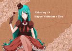  aki_(migim) aqua_eyes aqua_hair bad_id chocolate_covered dress fishnet_pantyhose fishnets food fruit gloves happy_valentine hat hatsune_miku long_hair mini_top_hat pantyhose sitting smile solo strawberry top_hat valentine very_long_hair vocaloid wink 