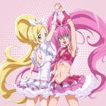  armpits blonde_hair blue_eyes cure_melody cure_rhythm green_eyes hand_holding holding_hands houjou_hibiki long_hair looking_back magical_girl makacoon midriff minamino_kanade multiple_girls pink_hair ponytail precure suite_precure twintails 