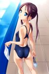  black_hair blue_eyes competition_swimsuit goggles highres kneepits long_hair looking_back norizou_type-r one-piece_swimsuit original pool poolside solo swim_cap swimsuit twintails wallpaper 