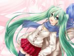  back-to-back blue_hair green_eyes green_hair hatsune_miku kaito long_hair lowres maou_mikage mikage_(artist) open_mouth scarf shared_scarf skirt smile thigh-highs thighhighs twintails very_long_hair vocaloid zoom_layer 
