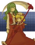  ascot blonde_hair blush closed_eyes dress elly green_hair hat kazami_yuuka kazami_yuuka_(pc-98) long_hair multiple_girls pants plaid plaid_background plaid_pants plaid_vest scythe short_hair smile tamaki_hakobe touhou touhou_(pc-98) yellow_eyes youkai 