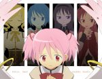  blonde_hair drill_hair hair_ribbon hairband kaname_madoka kyubey kyuubee long_hair magical_girl mahou_shoujo_madoka_magica miki_sayaka multiple_girls nanananona pink_hair purple_eyes ribbon sakura_kyouko short_hair short_twintails tomoe_mami twintails violet_eyes 