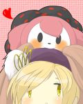  blonde_hair blush charlotte_(madoka_magica) face hat heart mahou_shoujo_madoka_magica object_on_head rine smile tomoe_mami yellow_eyes 