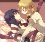  akemi_homura black_hair blonde_hair breasts chin_grab drill_hair eye_contact hair_ornament incipient_kiss kutsuwada_on long_hair looking_at_another mahou_shoujo_madoka_magica multiple_girls plaid plaid_skirt purple_eyes ribbon school_uniform skirt tartan tomoe_mami usakiyo violet_eyes yellow_eyes yuri 