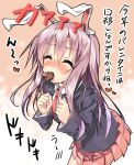  animal_ears blazer bunny_ears chocolate lavender_hair long_hair mouth_hold necktie piromizu reisen_udongein_inaba solo touhou translated translation_request valentine 