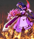  anastasia_valeria angry apron belt boots dress fang fire gloves hair_ornament hairband hairpin hazime-karbo long_hair luceid open_mouth payot purple_hair red_eyes sword tears twintails very_long_hair weapon wild_arms wild_arms_2 wolf yellow_eyes 