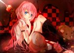  blue_eyes boots checkered chocolate gift hand_over_mouth looking_at_viewer megurine_luka pink_hair ponytail red sitting strawberry teddy_bear valentine very_long_hair vocaloid 