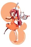  character_request copyright_request cup dress fork orange_dress ponytail red_eyes red_hair redhead shuushokuna_ekus solo teacup teapot 