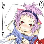  animal_ears blush bra bunny_ears face from_above komeiji_satori lingerie looking_at_viewer pov purple_hair red_eyes solo stare sweater third_eye touhou underwear white-aster 