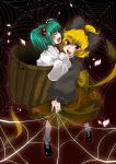  :d absurdres blonde_hair bow bucket girl_in_bucket glowing green_hair hair_bow highres in_bucket in_container kisume kurodani_yamame multiple_girls open_mouth petals pink_eyes short_hair smile spider_web susan touhou twintails 