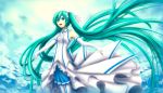  absurdres aqua_eyes aqua_hair cravat dress elbow_gloves frills hair_ribbon hatsune_miku highres looking_up open_mouth skirt sky solo spread_arms twintails very_long_hair vocaloid 