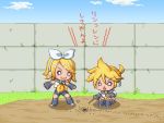  &gt;:3 :3 ant blonde_hair child detached_sleeves headphones kagamine_len kagamine_rin mako_(mofuncho) o_o open_mouth pixel_art short_hair siblings stick translated twins vocaloid 
