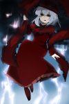  alternate_color black_eyes capelet dress electricity frills hat hat_ribbon lightning mndayo nagae_iku player_2 ribbon scarf short_hair silver_hair solo touhou 