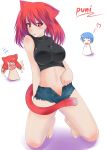 animal_ears barefoot blue_hair blush breasts cat_ears cat_tail catstudio_(artist) chibi kaito kneeling large_breasts midriff no_panties open_clothes open_fly open_mouth original puni_(miku_plus) red_eyes red_hair redhead tail tongue tongue_out unzipped vocaloid 