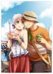  1boy 1girl :d bag blush bob_(meago) bracelet can charm_(object) closed_eyes couple earrings emily_(meago) face food fruit green_eyes hat hetero jewelry licking_lips meago messenger_bag necklace open_mouth original pants purse short_sleeves shoulder_bag skirt sky smile soda_can star straw straw_hat strawberry sun_hat t-shirt tongue tubetop waffle whipped_cream 