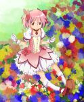  bow brown_eyes choker gloves hair_bow jewelry kaname_madoka kneehighs mahou_shoujo_madoka_magica official_style pendant pink_hair puffy_sleeves short_hair short_twintails sitting skirt twintails 