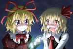  2girls blonde_hair bust fang fangs flower glowing glowing_flower hair_ribbon lily_of_the_valley medicine_melancholy multiple_girls night night_sky open_mouth purple_eyes red_eyes ribbon rumia short_hair sky smile taiga_(natsu_hotaru) the_embodiment_of_scarlet_devil touhou youkai 