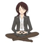  amagami brown_hair closed_eyes dhyana_mudra feet formal indian_style lowres meditation mudra no_shoes pantyhose simple_background sitting skirt_suit solo suit takahashi_maya white_background 