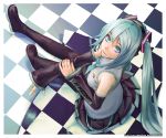  aqua_eyes aqua_hair bare_shoulders blue_eyes blue_hair boots checkered checkered_floor detached_sleeves from_above hatsune_miku headset kibamigohann light_smile long_hair looking_up necktie sitting skirt solo thigh-highs thigh_boots thighhighs twintails very_long_hair vocaloid 