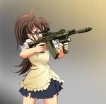  4649aoyagi 5.45x39mm assault_rifle brown_eyes brown_hair compact_assault_rifle flashlight foregrip gun long_hair ponytail rifle skirt soviet_aks_74u subcompact suupii taneshima_popura torn_clothes waitress weapon working!! 