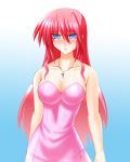  1girl blue_eyes blush breasts cleavage dress engo_(aquawatery) hair_down highres jewelry large_breasts levantine long_hair lyrical_nanoha mahou_shoujo_lyrical_nanoha mahou_shoujo_lyrical_nanoha_a&#039;s necklace pink_hair signum solo 
