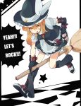  :d adapted_costume belt blonde_hair boots border broom broom_riding bullet chain chains checkered checkered_floor elbow_gloves english gloves hand_on_hip hat hibiglasses highres hips kirisame_marisa open_mouth smile solo star touhou witch witch_hat yellow_eyes 