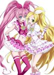  blonde_hair blue_eyes cure_melody cure_rhythm dress green_eyes hair_ribbon houjou_hibiki magical_girl minamino_kanade multiple_girls nakahira_guy pink_hair pink_legwear pink_thighhighs precure ribbon skirt suite_precure thigh-highs thighhighs twintails 