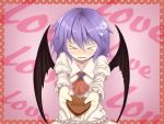  &gt;_&lt; ascot bad_id bat_wings blush brooch bust chocolate chocolate_heart closed_eyes collarbone cyoujineko eyes_closed gift heart holding holding_gift incoming_gift jewelry no_hat no_headwear purple_hair remilia_scarlet solo touhou valentine wings 