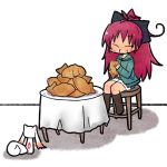  bow closed_eyes denim denim_shorts eyes_closed fang food hair_bow knee_boots kyubey kyuubee long_hair lowres luu mahou_shoujo_madoka_magica plate ponytail red_hair redhead sakura_kyouko shorts smile stool table taiyaki wagashi 