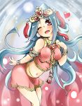  bare_shoulders blue_hair bracelet earrings headdress heart jewelry lakshmi_(lord_of_vermilion) long_hair lord_of_vermilion midriff navel necklace open_mouth red_eyes shi_ecchi skirt solo wink 