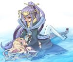  2girls blonde_hair blue_eyes cochou female green_eyes headdress imperator_librarius koshou_(cochou) long_hair lying mikado_(blazblue) mu-12 multiple_girls noel_vermillion on_back pinned ponytail purple_hair red_eyes robe saya_(blazblue) sitting toeless_socks water wet 