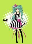  :d aqua_eyes bow dress earrings fingerless_gloves full_body gloves green_hair hat hatsune_miku jewelry long_hair microphone mini_top_hat open_mouth simple_background smile solo striped striped_dress thigh-highs thighhighs top_hat twintails very_long_hair vocaloid zettai_ryouiki 